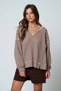STRIPE SPLIT NECK LONG SLEEVE SEAM DETAIL KNIT TOP