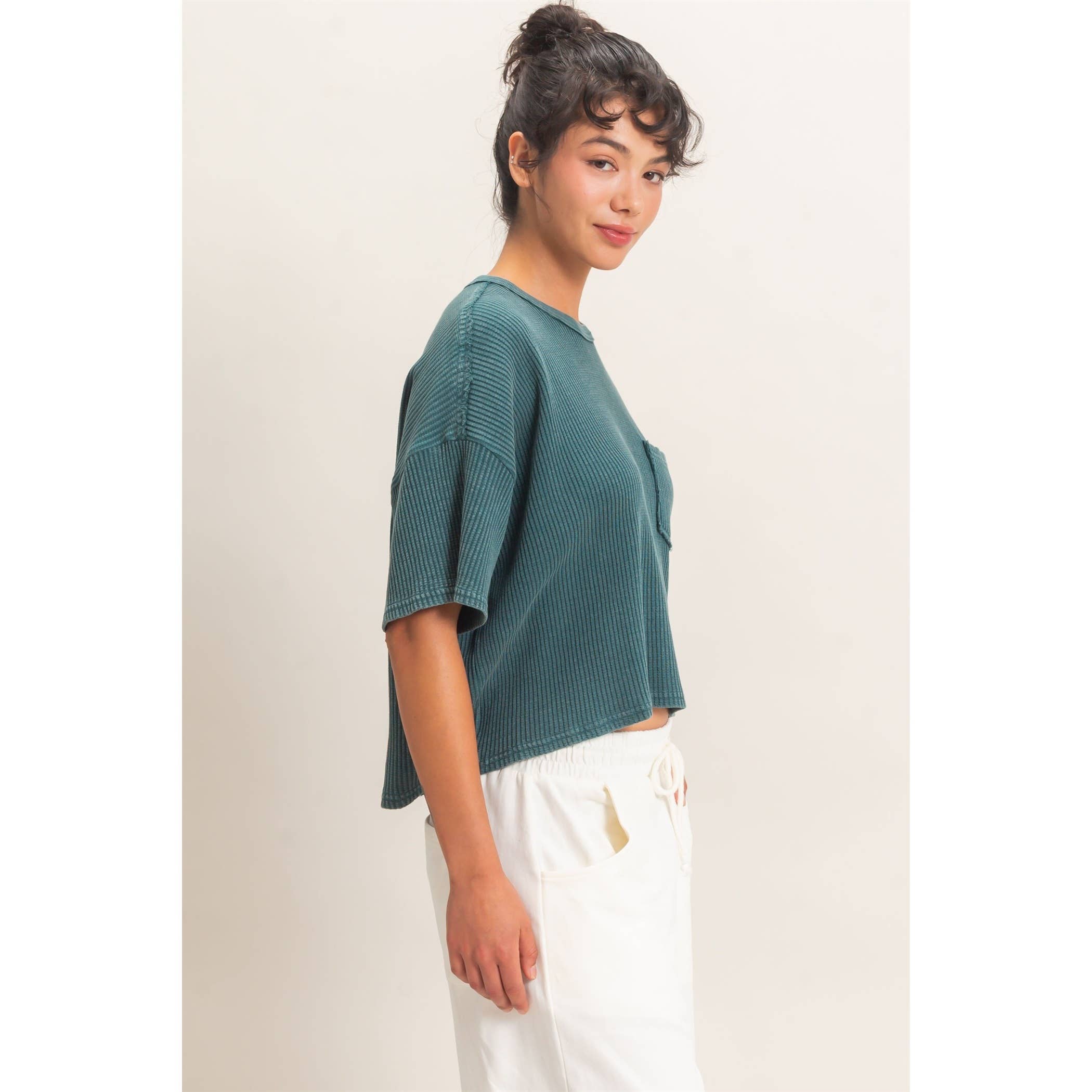 Mineral Wash Waffle Knit Pocket Top