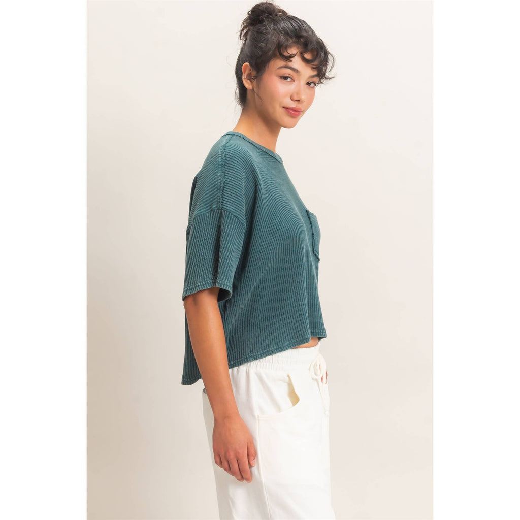Mineral Wash Waffle Knit Pocket Top
