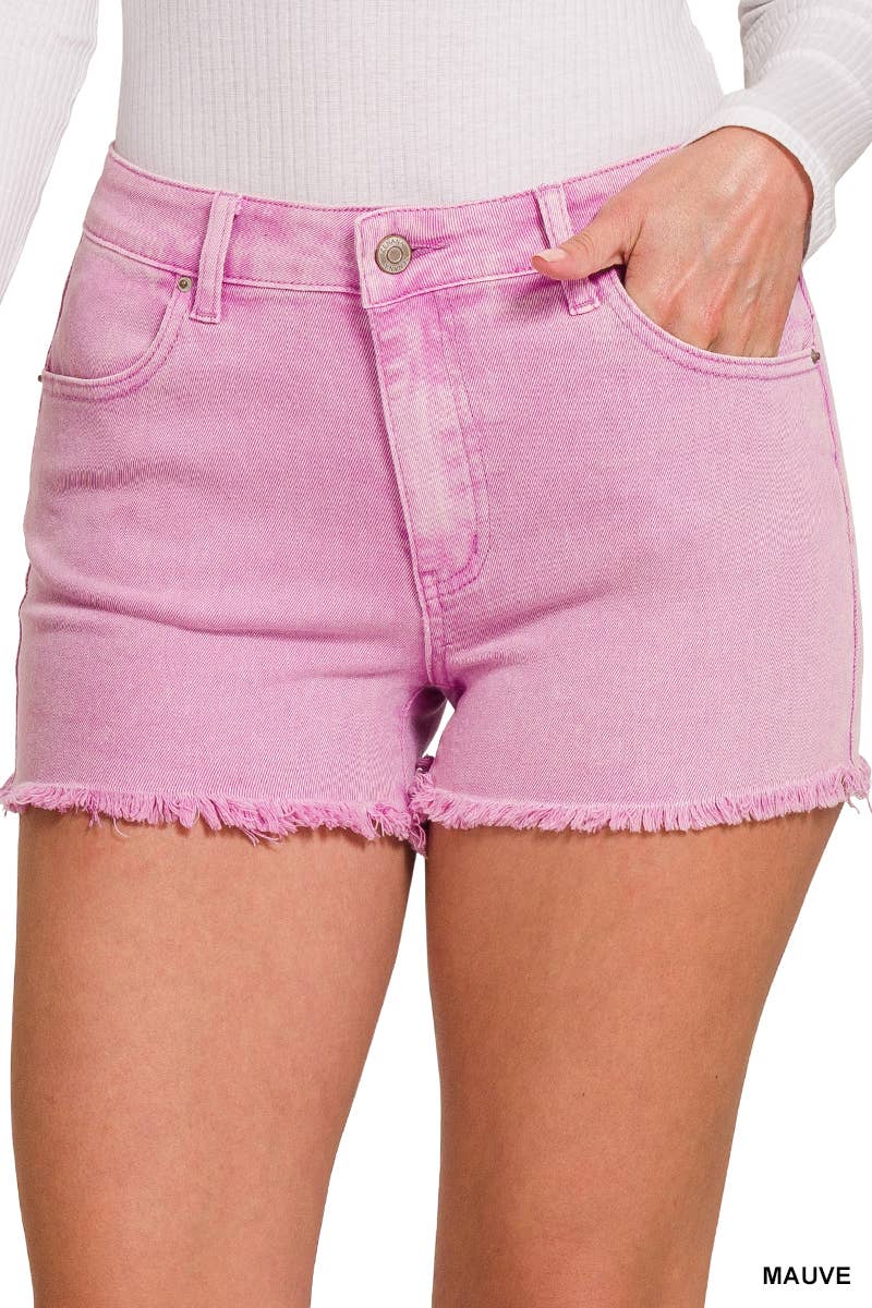Washed Fray Hem Cotton Denim Shorts - Zenana