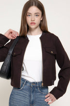 Long Sleeve Crew Neck Felt Jacket with Pocket Flap Detail