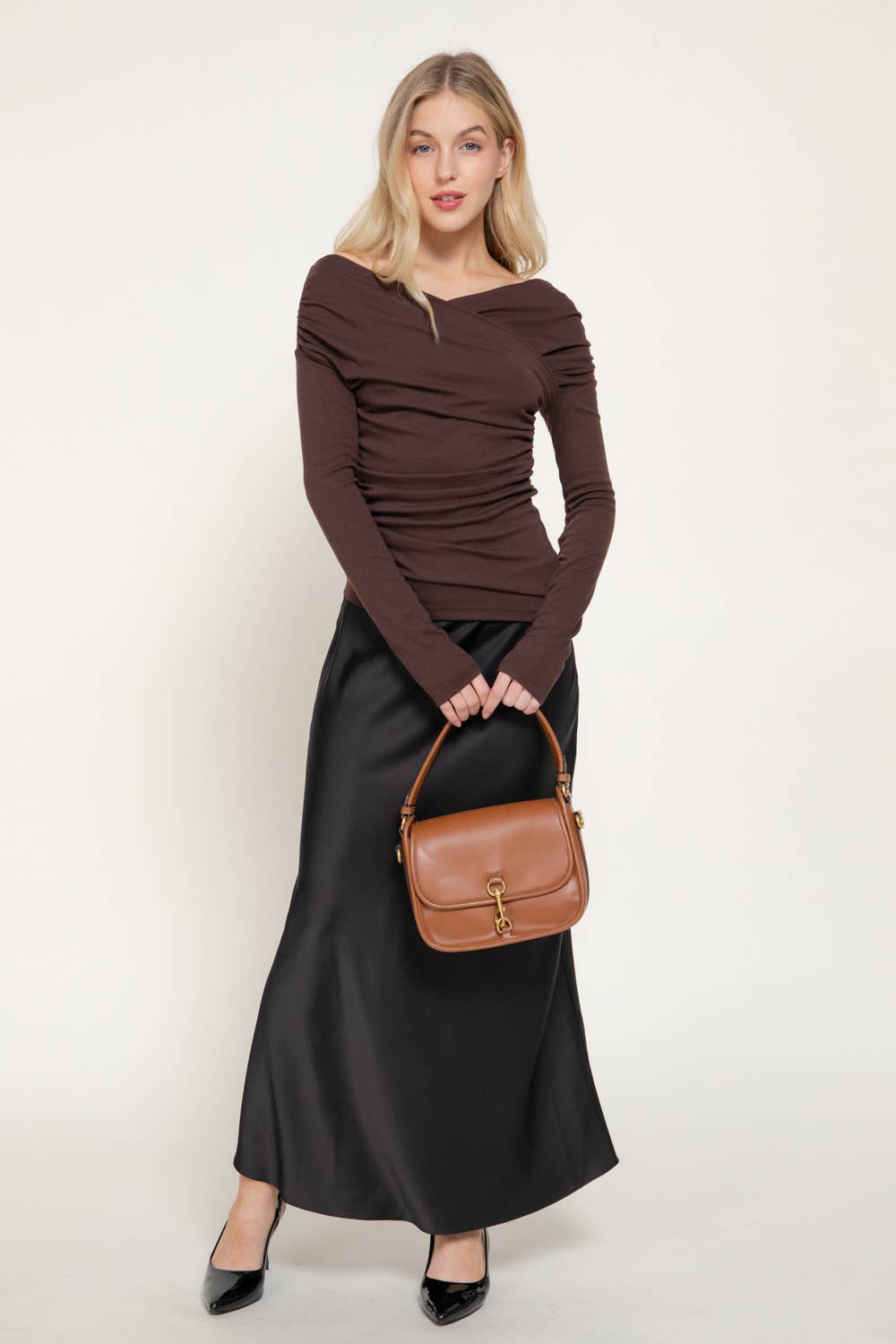 Long Sleeve Wrap Neckline Draped Detail Straight Knit Top