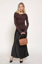 Long Sleeve Wrap Neckline Draped Detail Straight Knit Top