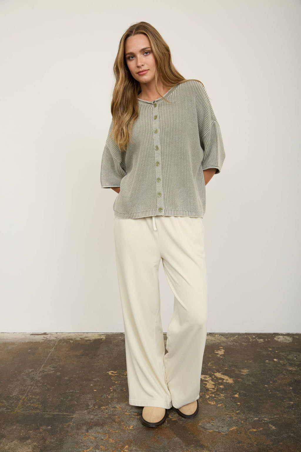 WASHED RIBBED SHORT SLEEVE ROLLED EDGE CARDIGAN