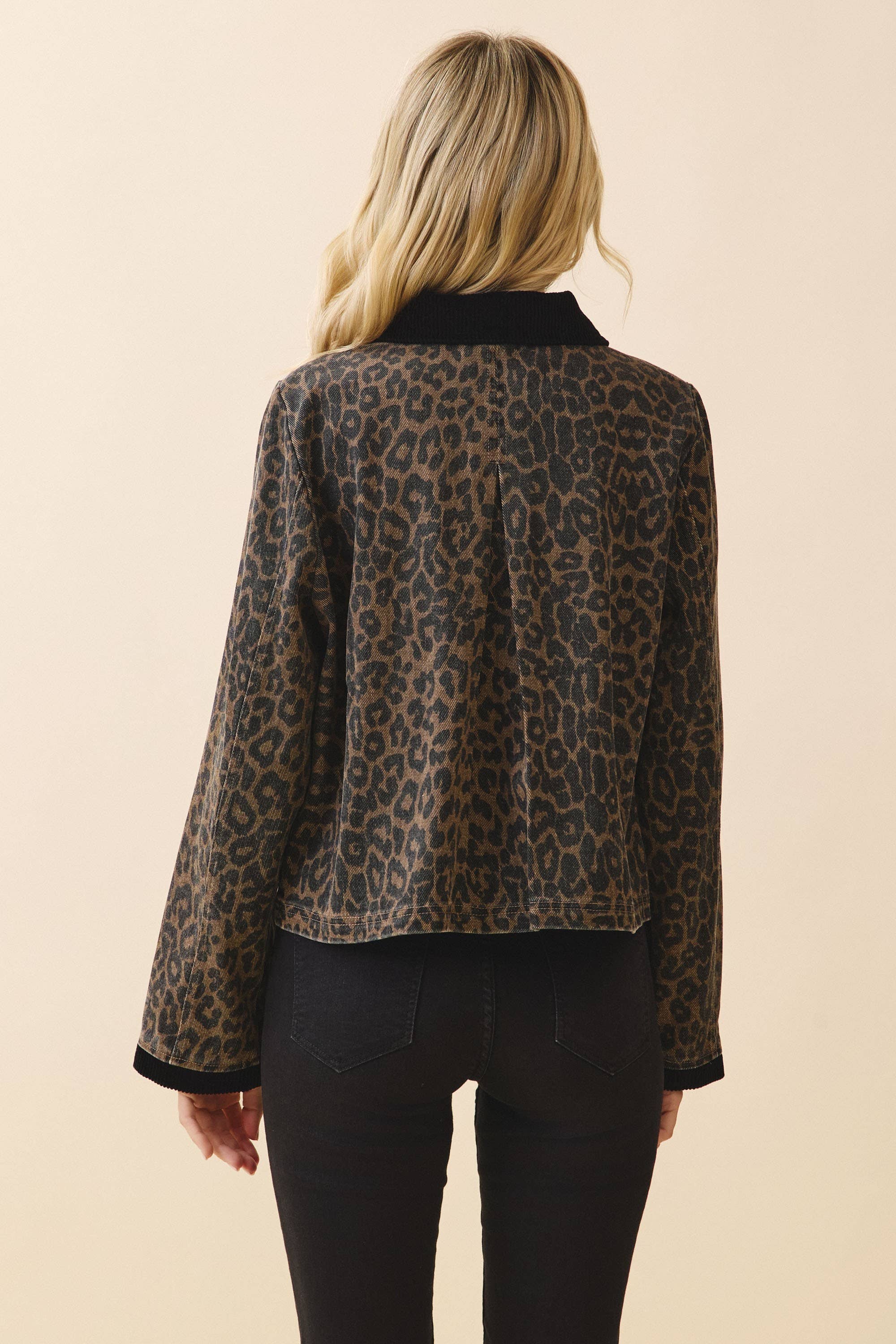 CJ6719-Leopard Print Contrast Corduroy Detail Jacket