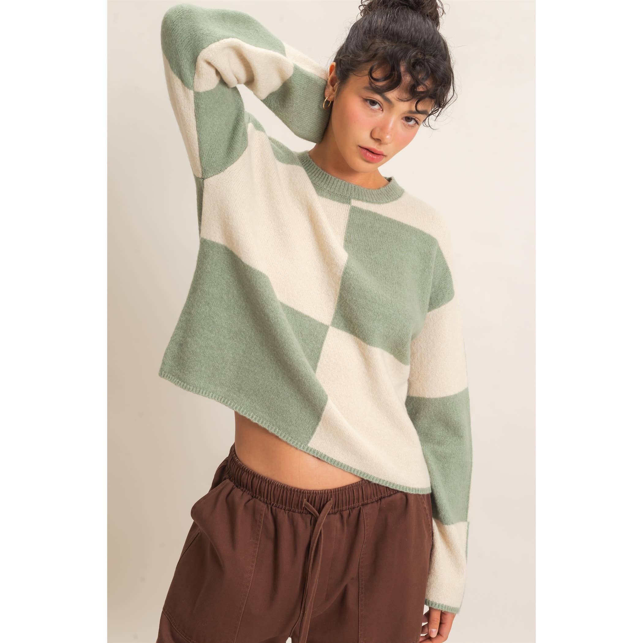 Crew Neck Checkered Sweater