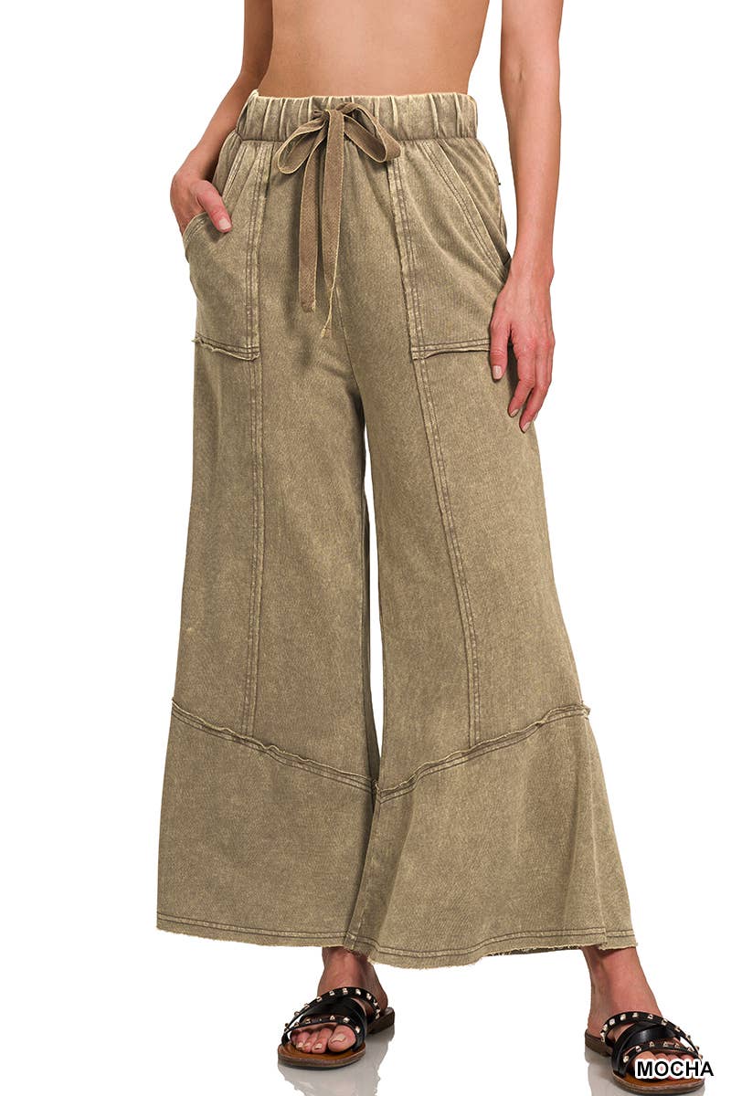 `Acid Washed Flare Hem Pants With Pockets Zenana