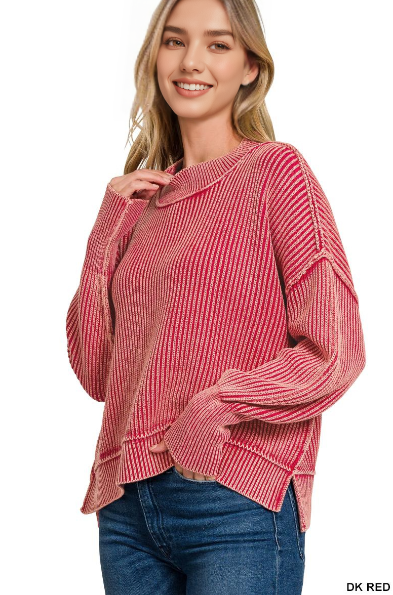 `Washed Side Slit Oversized Cropped Sweater SI-26510 Zenana