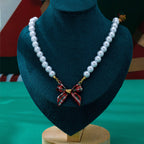 Holiday Tartan Plaid Fabric Bow Pearl Necklace | 80N93917