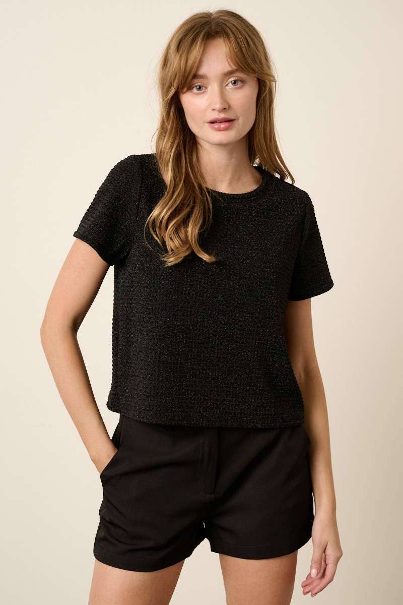 T10373B - GEO PATTERN METALLIC SHORT SLEEVE TOP