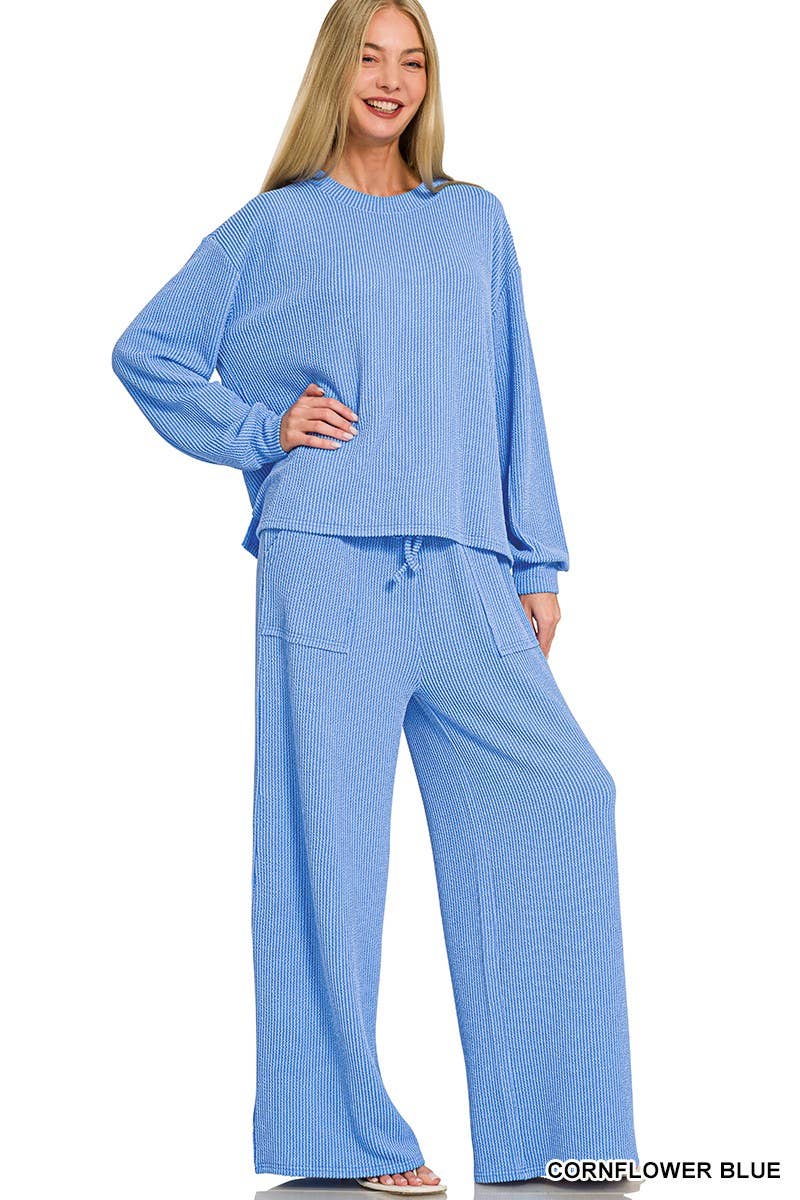 Raised Rib Round Neck Pullover And Pants Set