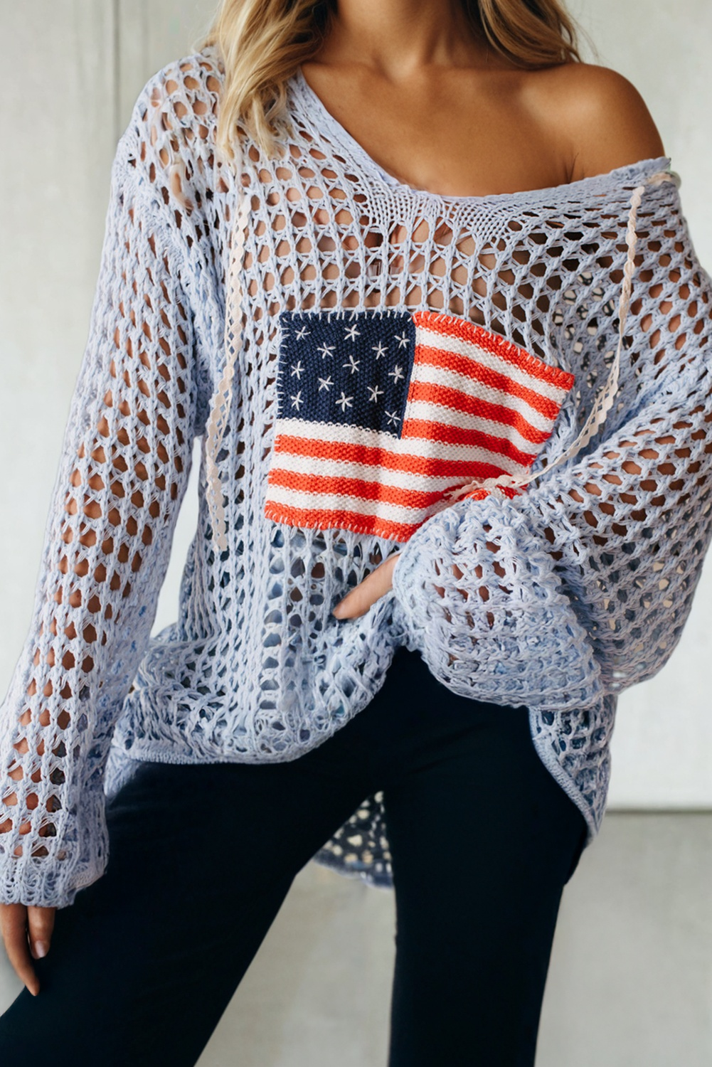 Crochet Knit American Flag Sweater Hoodie