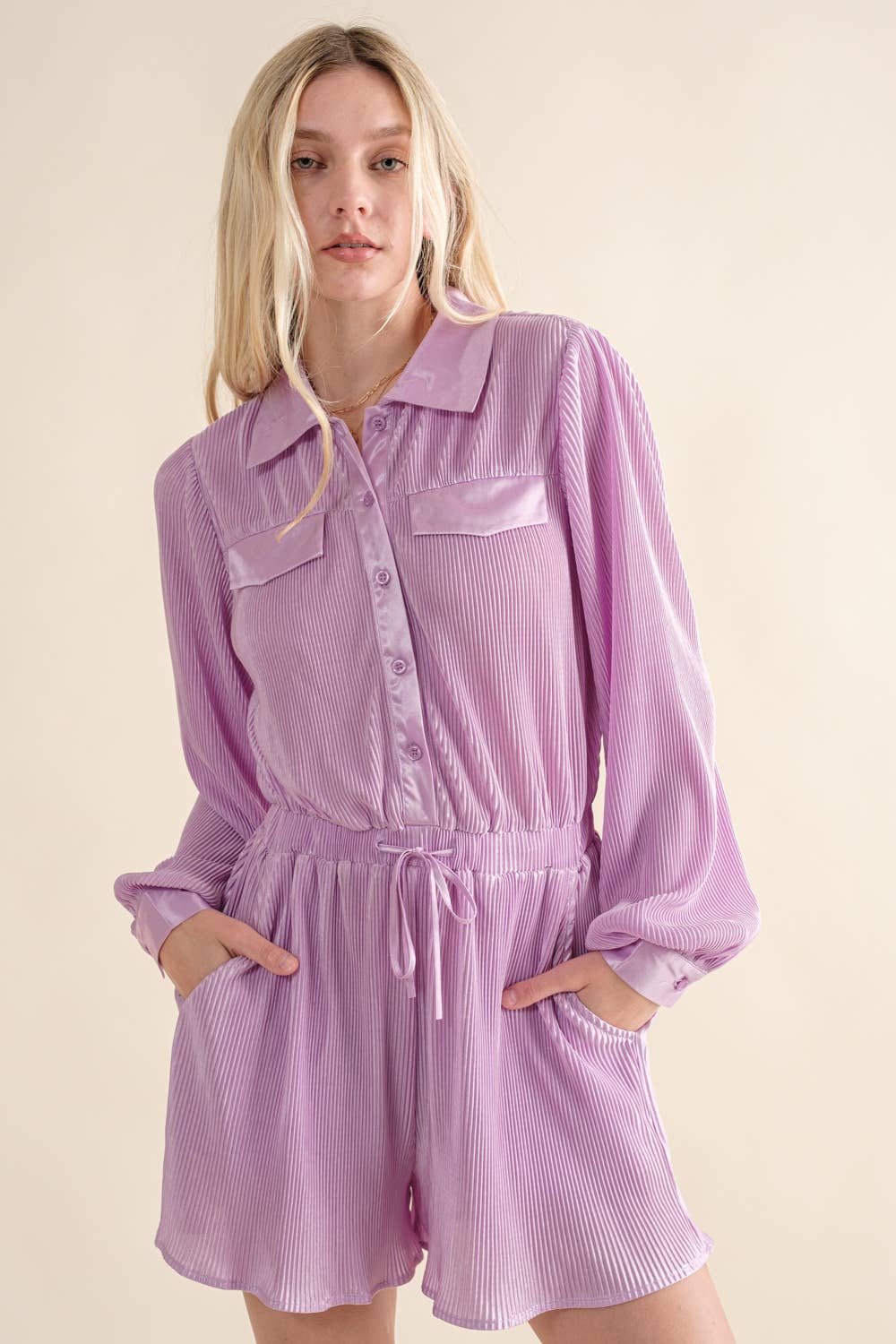 61136R - Accordion Pleated Collared Romper