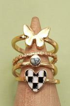 CHECKER HEART BUTTERFLY 4 RING SET | 80R125