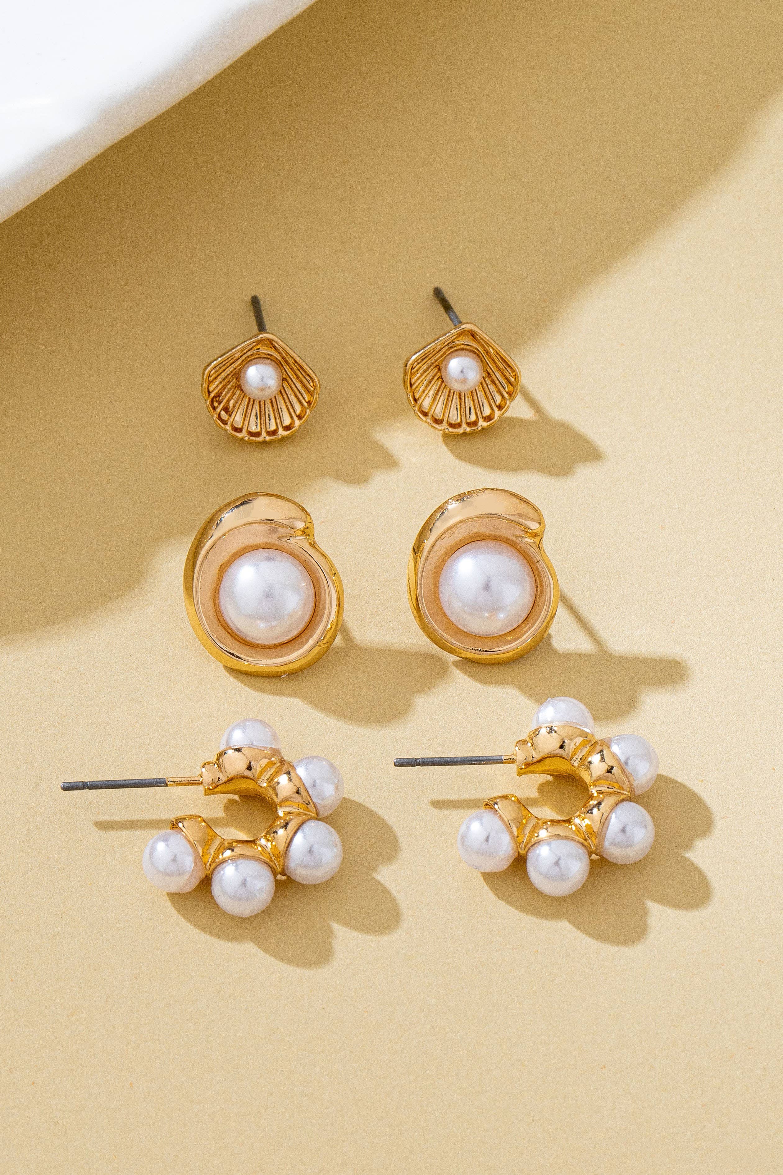 Shell Pearl Seashell Trio Earring Set | 80E62027