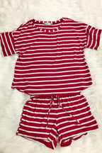 Rayon spandex stripe loose fit short and top set (P16433)