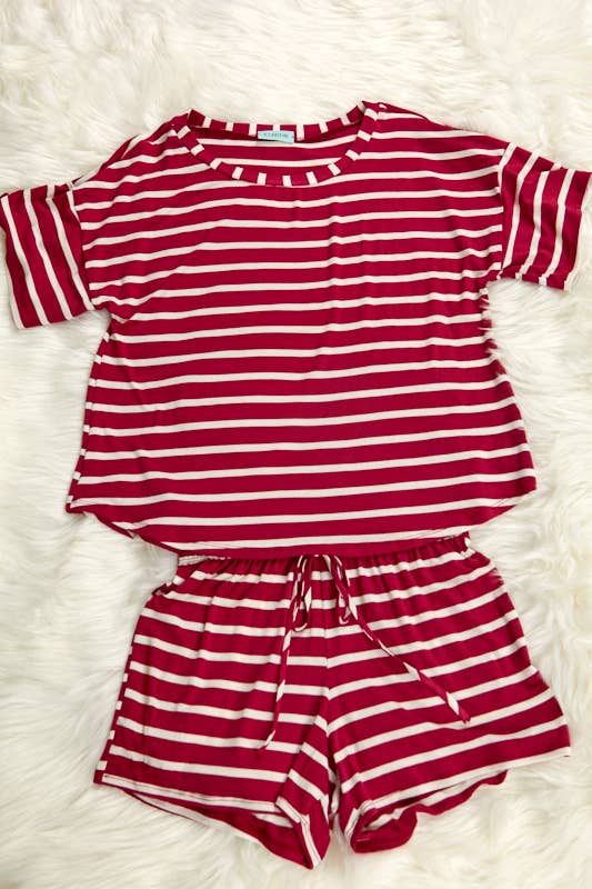 Rayon spandex stripe loose fit short and top set (P16433)