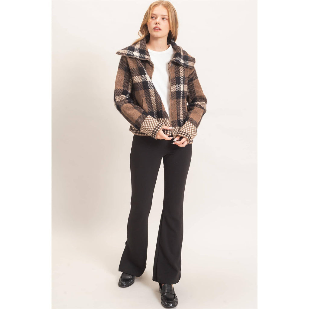 Wide Collar Plaid Zip-Up Sweater