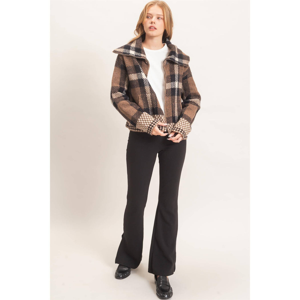 Wide Collar Plaid Zip-Up Sweater