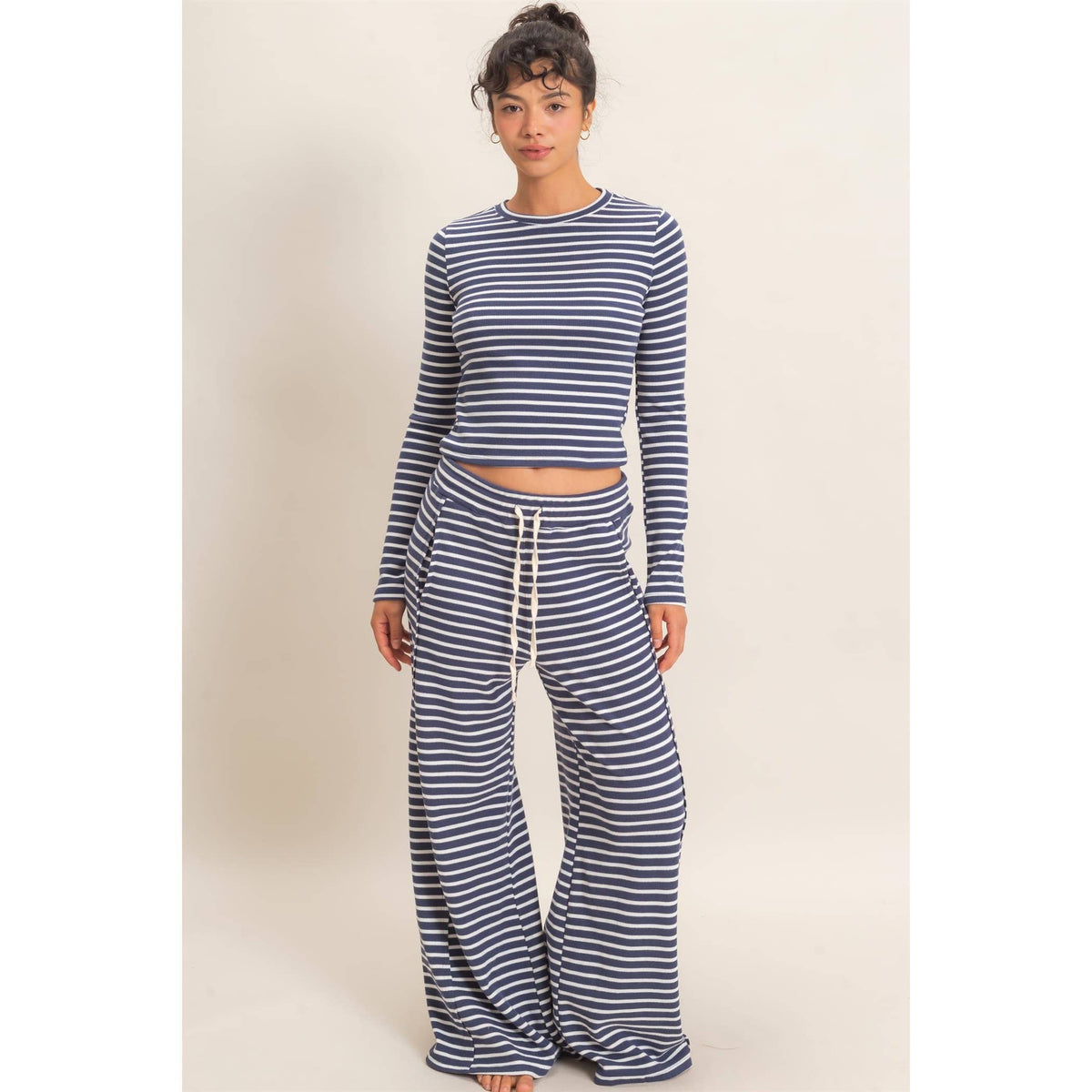 Striped Waffle Long Sleeve Top & Pants Set