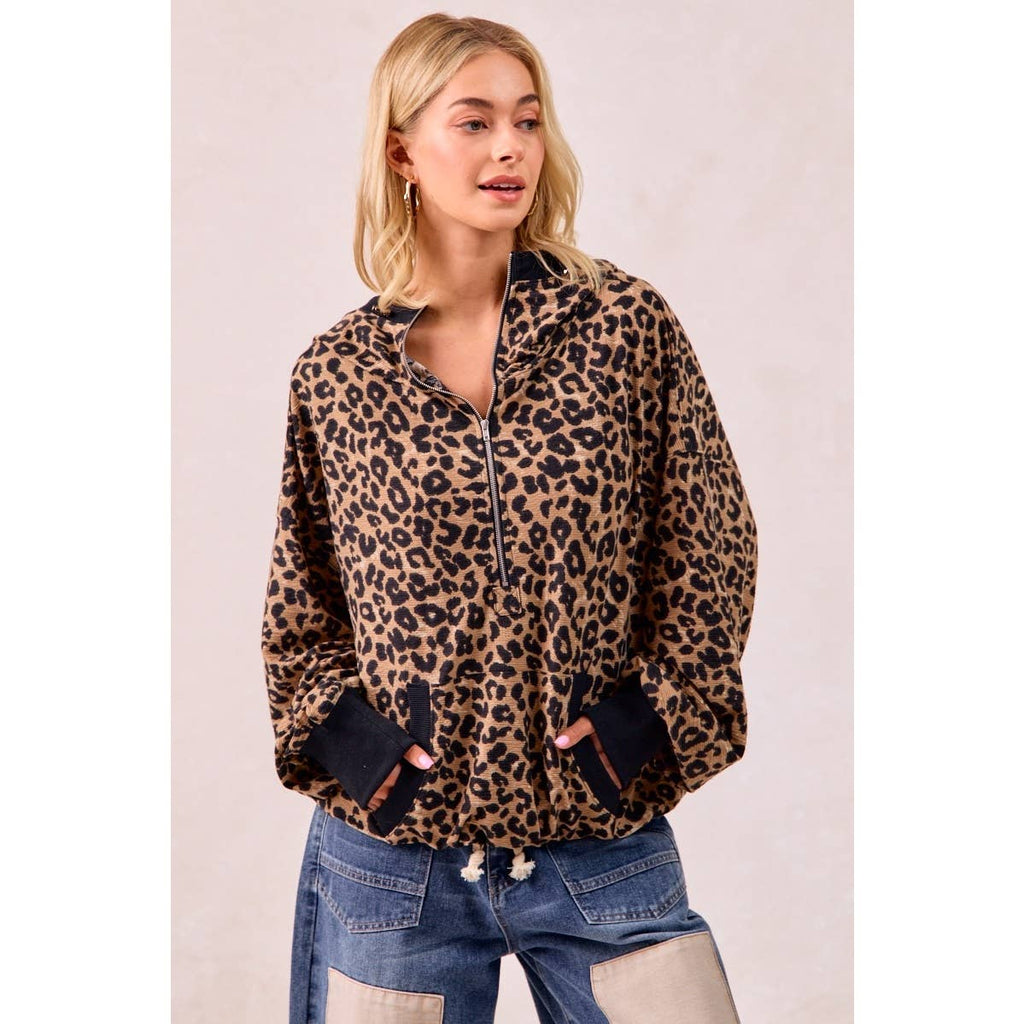LEOPARD PRINT WAFFLE HALF ZIP UP HOODIE W POCKET