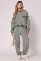 NT12845SET-Contrast Rib Trim Heathered Knit Lounge Set