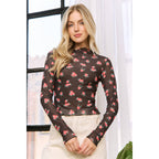 MESH STRAWBERRY PRINT HIGH NECKLINE CROP TOP