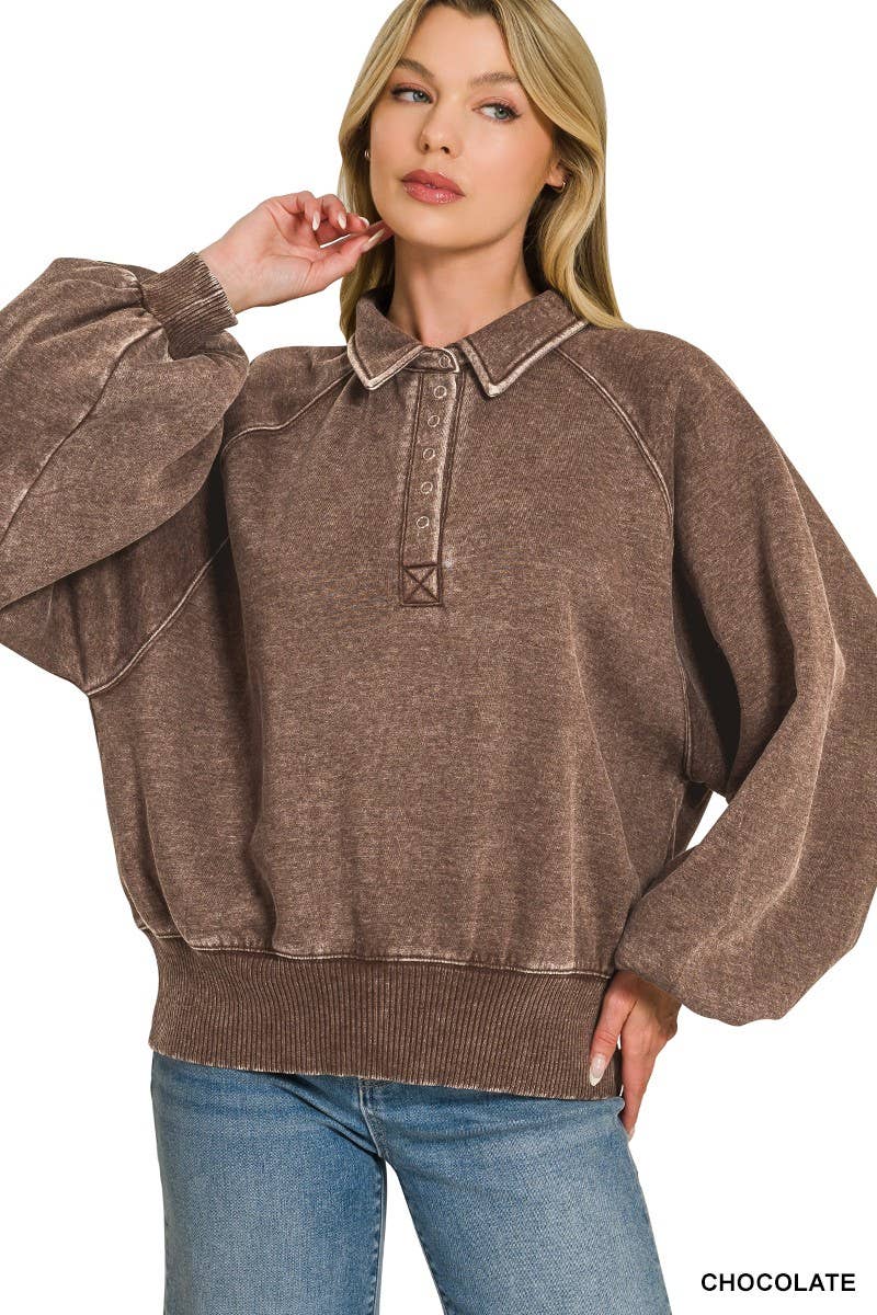 Acid Wash Fleece Button Up Collared Pullover