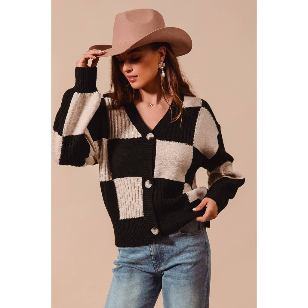 CHECKERED BUTTON FRONT TEXTURED SWEATER CARDIGAN