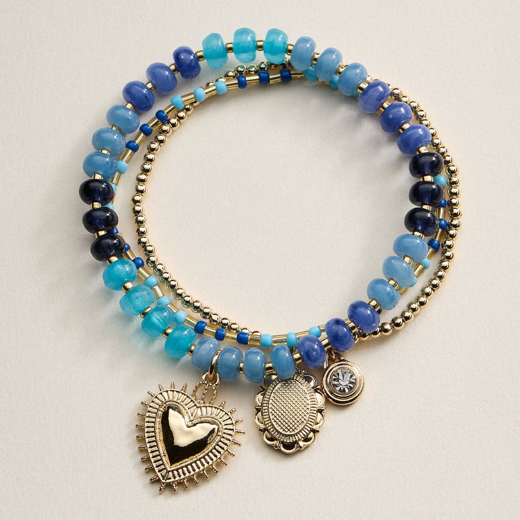 Beaded Heart Charm Stretch Bracelet Set | 3-Piece Layered Stack with Gold Accents