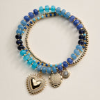 Beaded Heart Charm Stretch Bracelet Set | 3-Piece Layered Stack with Gold Accents