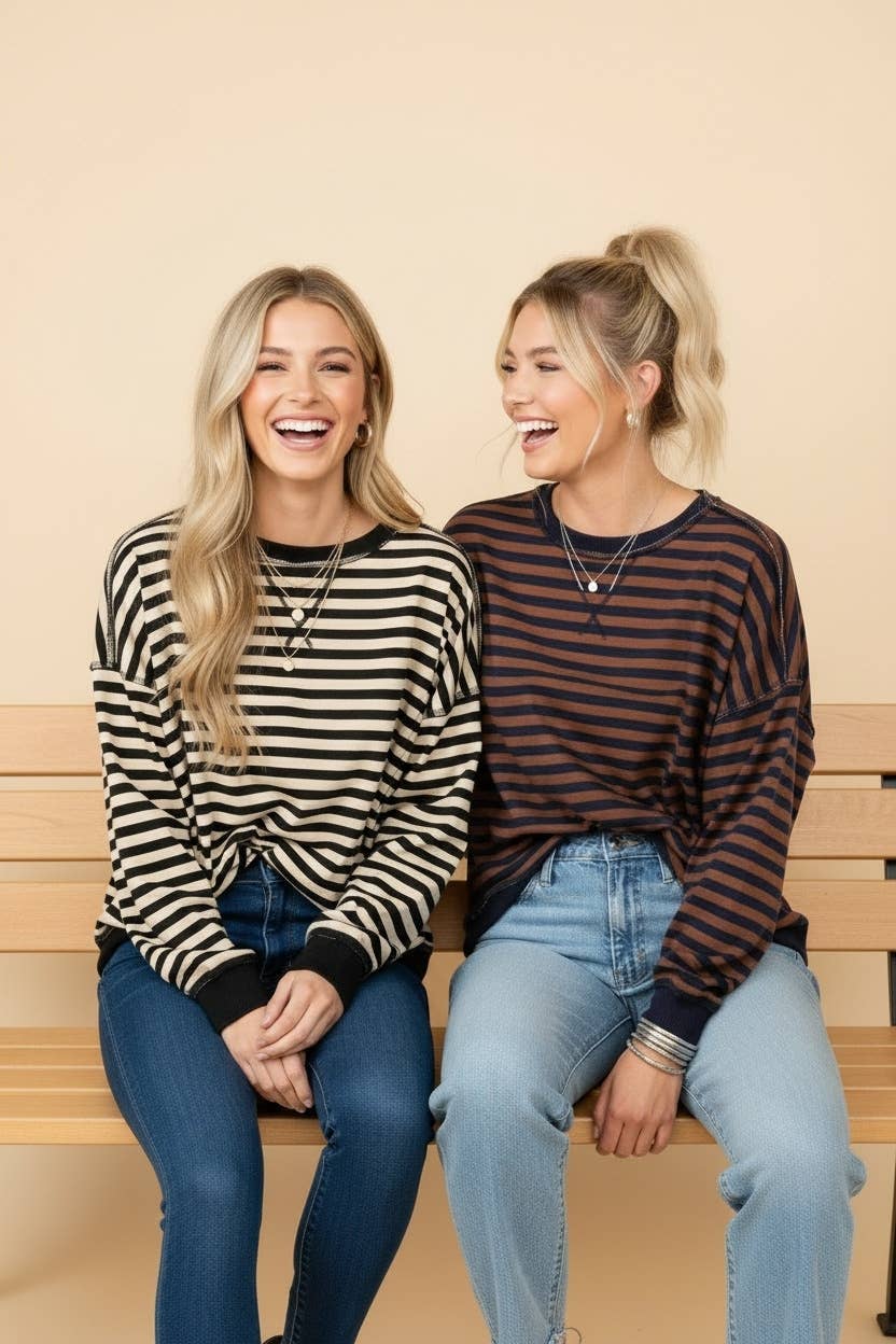 HT20242 Striped Drop-Shoulder Pullover Sweatshirt