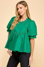CT9094-Ricrac Detailed Swing Style Bubble Sleeve Top
