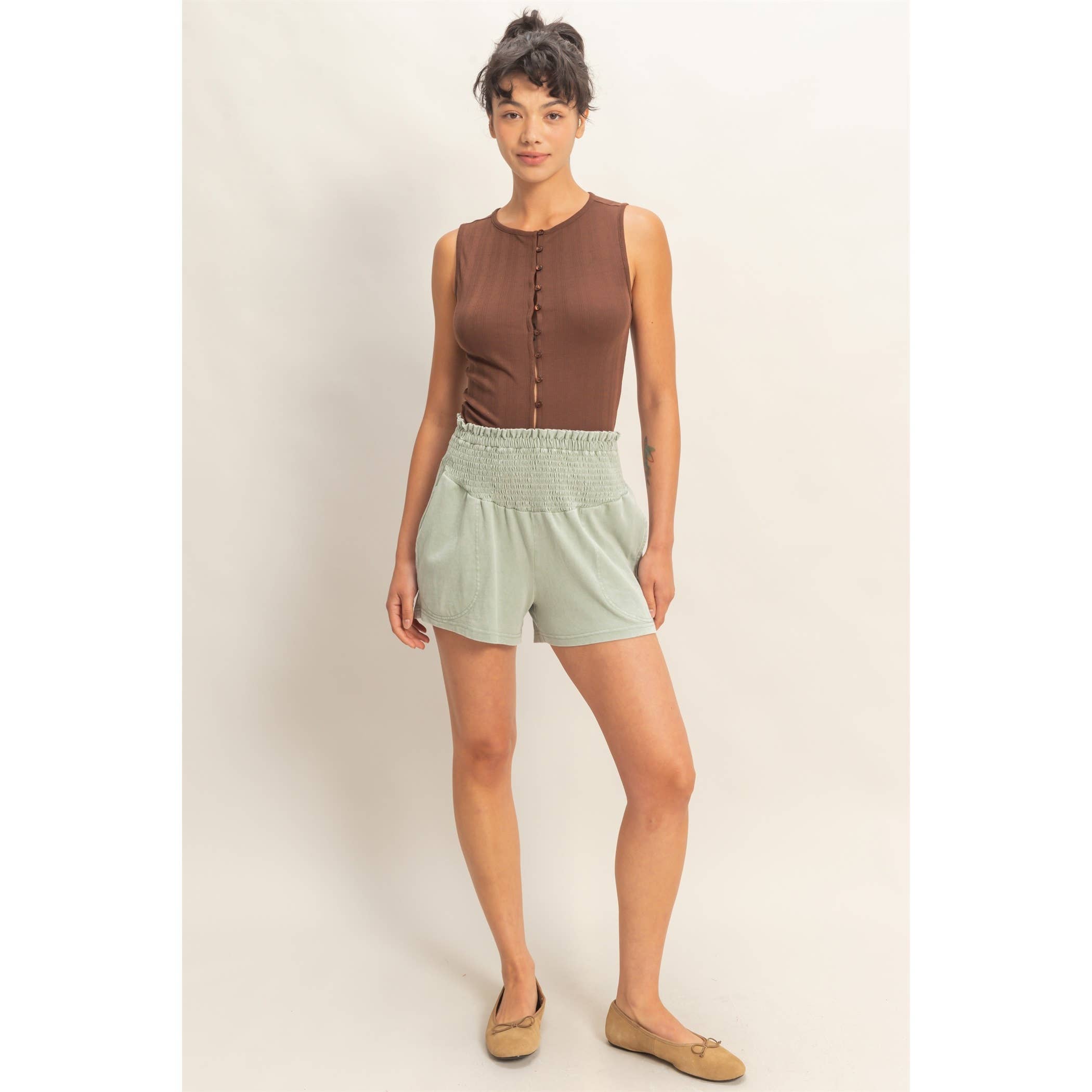 Smocked Waist Mineral Wash Shorts
