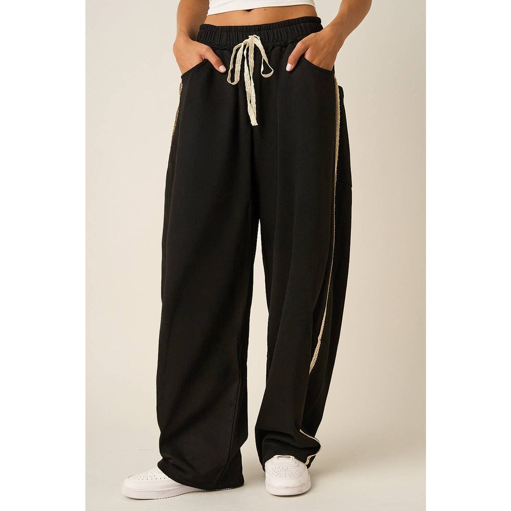 LACE TRIM BARREL LEG DRAWSTRING PANTS