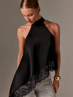 Women’s Satin Lace Trim Halter Neck Asymmetrical Top