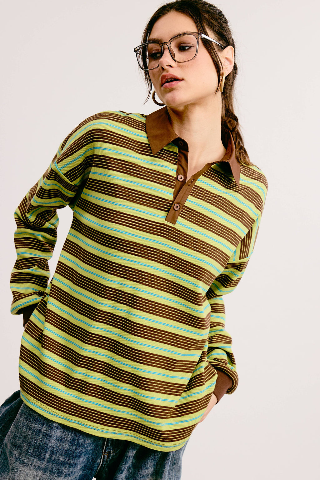 Multicolor Stripe Oversized Long Sleeve Polo Shirt