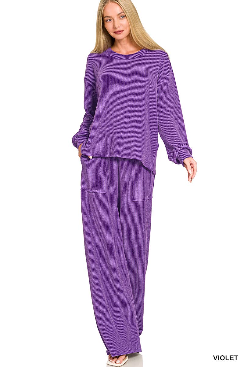 Raised Rib Round Neck Pullover & Pants 2PC Set