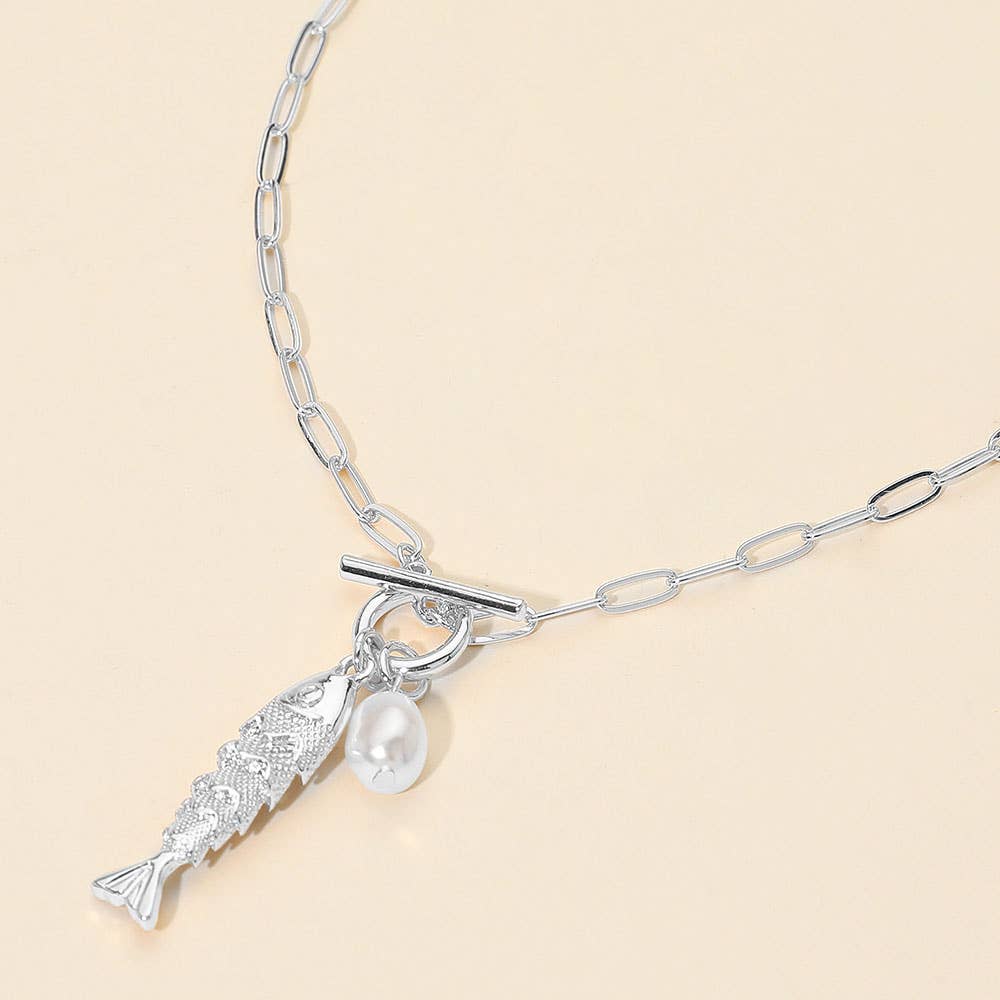 Fish Pearl Toggle Charm Pendant Necklace