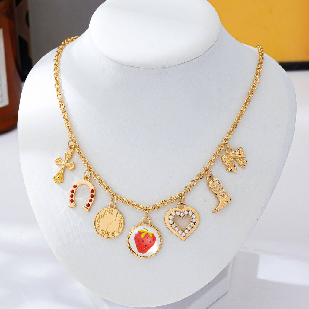 Strawberry Bow Coin Boot Western Charm Necklace | 80N93114