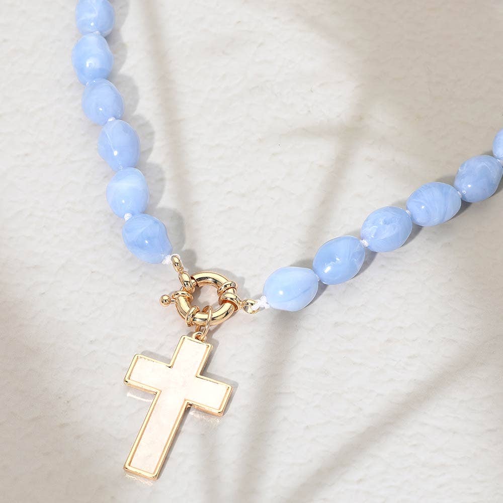 Mother of Pearl Cross Toggle Pendant Beaded Necklace