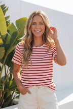 Stripe Scalloped Trim Round Neck Shirt
