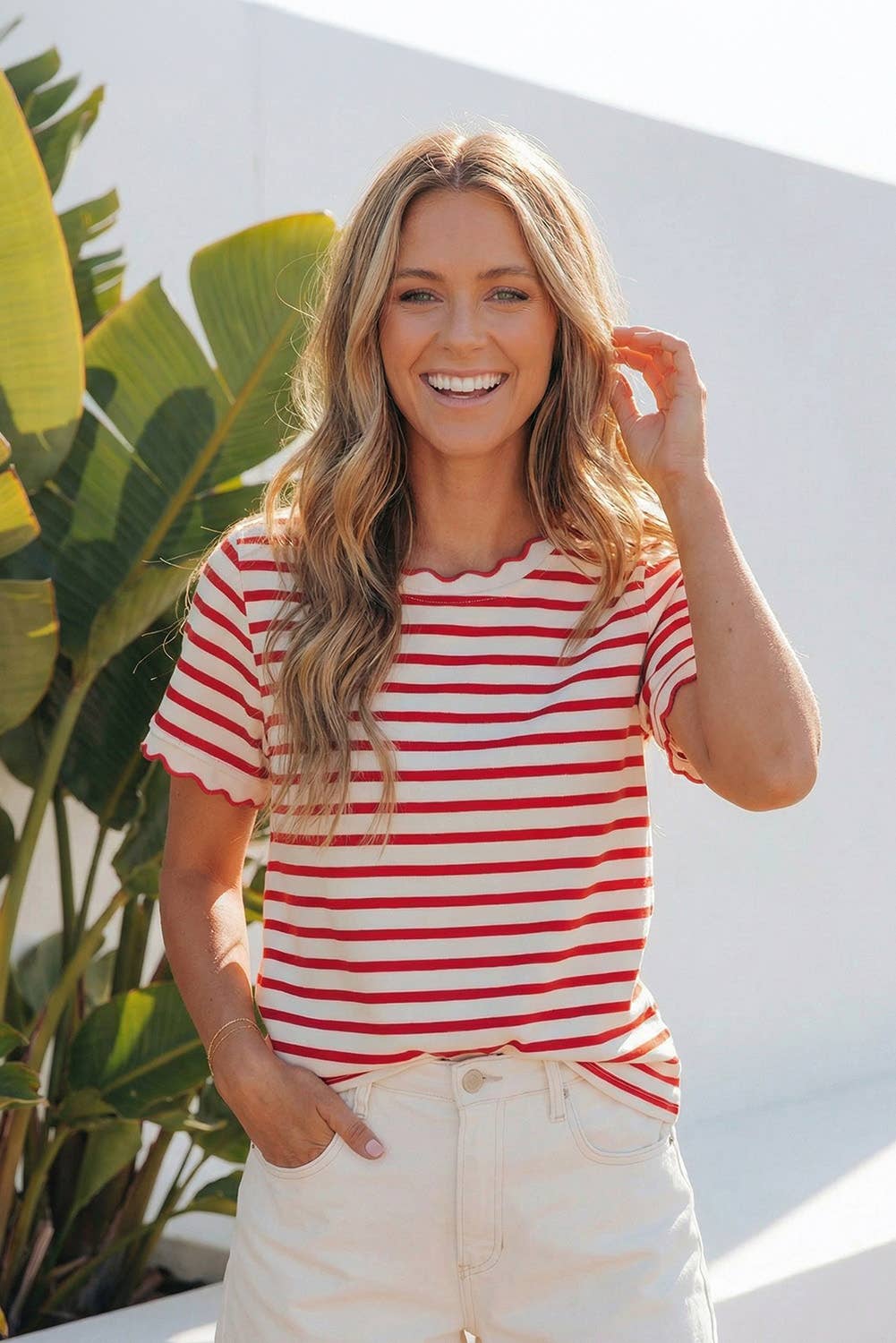 Stripe Scalloped Trim Round Neck Shirt