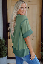PRETTY BASH Colorblock 3/4 Sleeve Raw Seam High-Low Top
