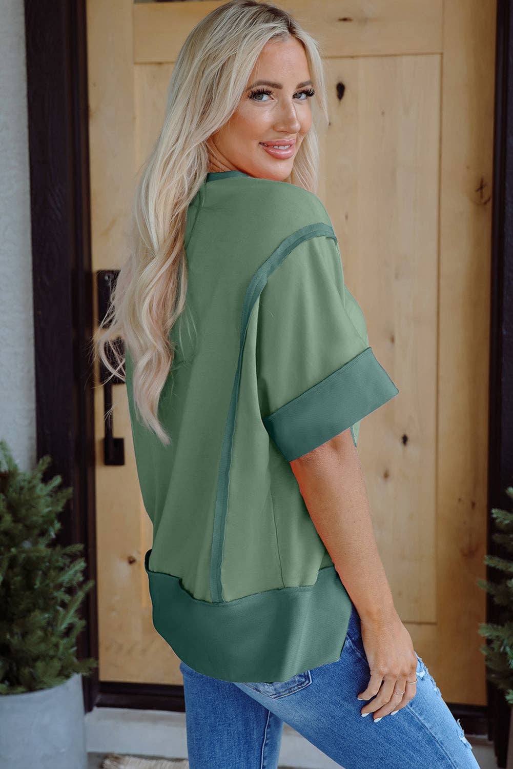 PRETTY BASH Colorblock 3/4 Sleeve Raw Seam High-Low Top