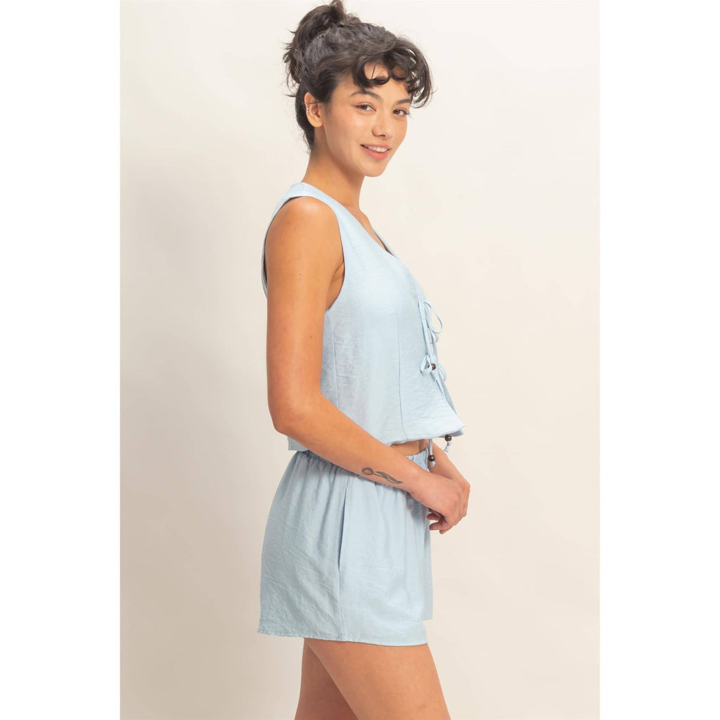 Sleeveless Tie-Front Vest And Elastic Waist Shorts Set