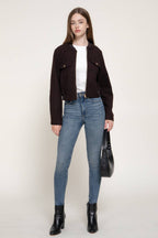 Long Sleeve Crew Neck Felt Jacket with Pocket Flap Detail