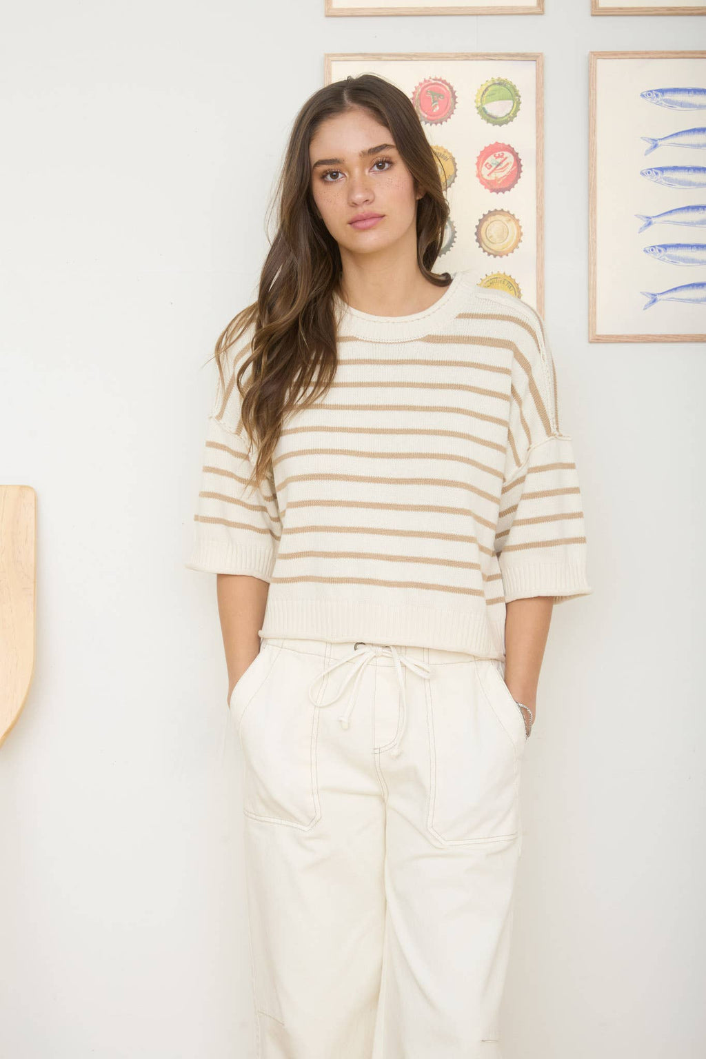 STRIPE RAW EDGE DROP SHOULDER SHORT SLEEVE SWEATER