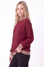 Rib Knit Leopard Contrast Pullover