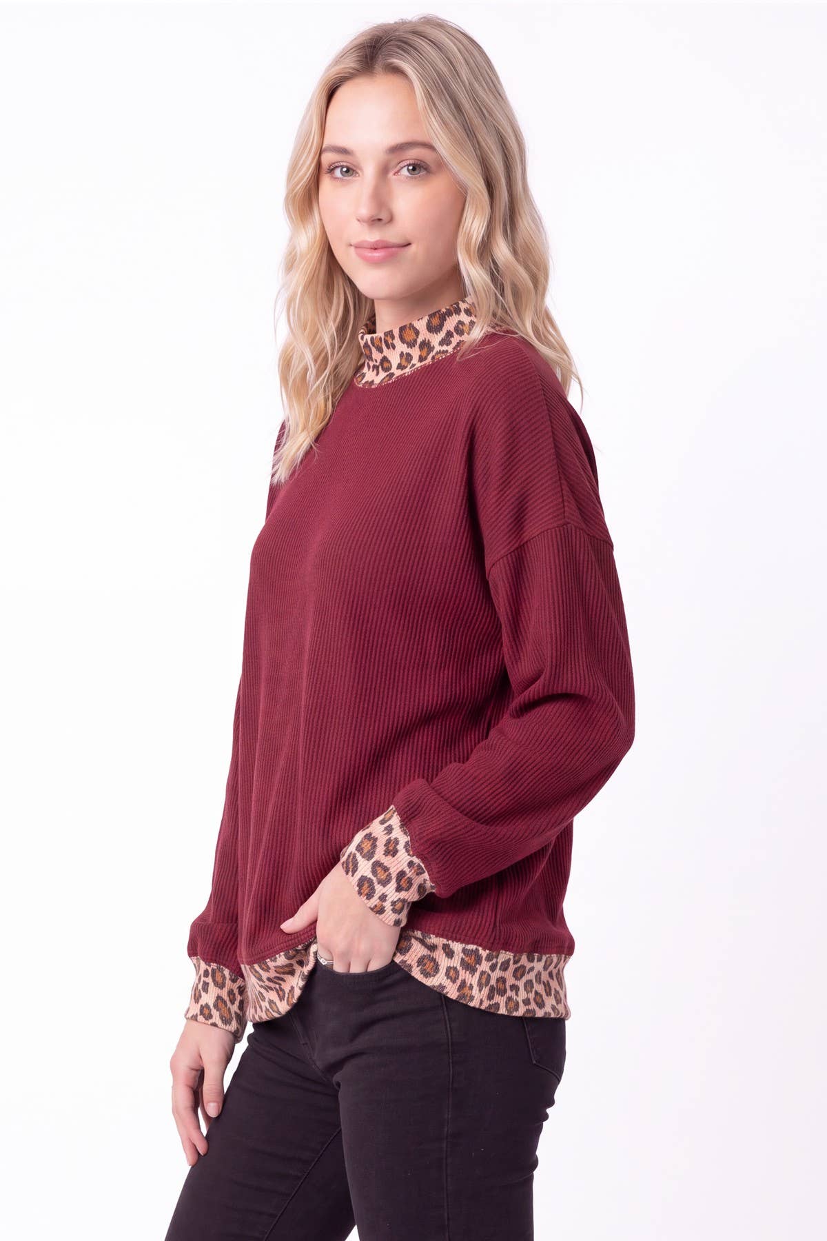 Rib Knit Leopard Contrast Pullover